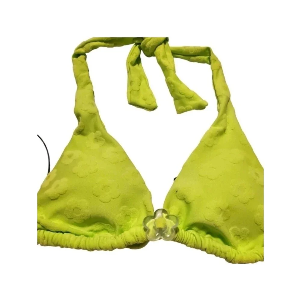 Victoria's Secret Halter Bikini Top Neon Green Floral Flower Accent XS